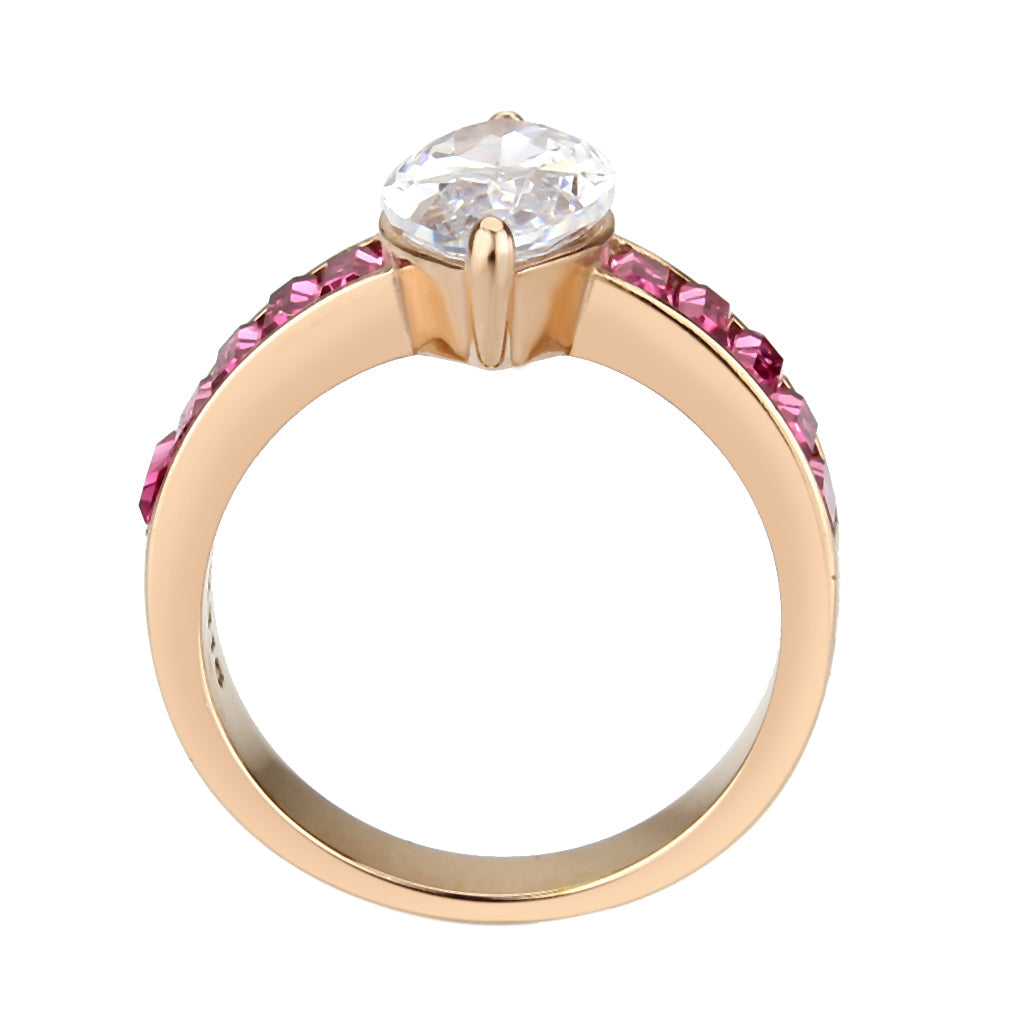 TK3825 - IP Rose Gold(Ion Plating) Stainless Steel Ring with AAA Grade CZ in Clear-2
