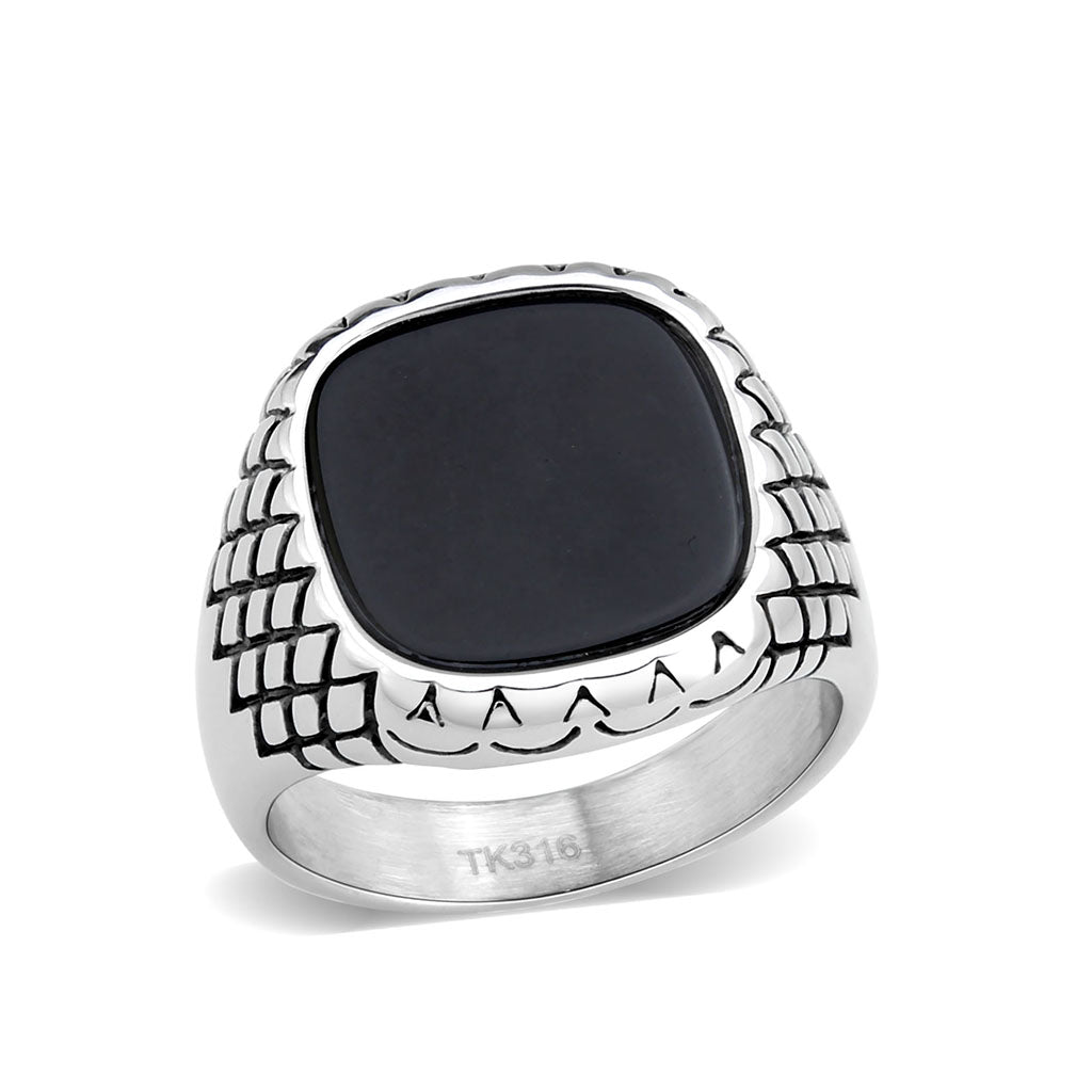 TK3893 - High polished (no plating) Stainless Steel Ring with Synthetic in Jet-0