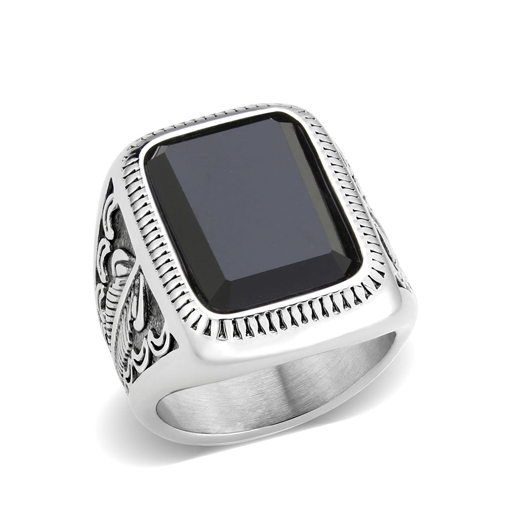 TK3899 - High polished (no plating) Stainless Steel Ring with Synthetic in Jet-0