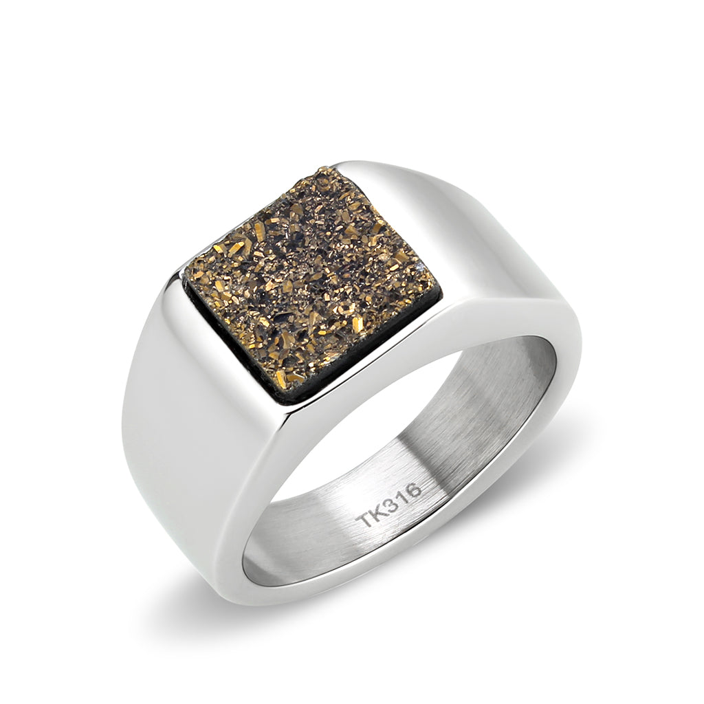 TK3904 - High polished (no plating) Stainless Steel Ring with Druzy in Brown-0
