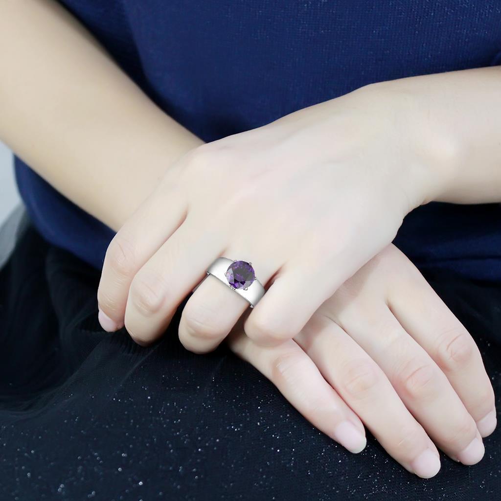 TK52002 - High polished (no plating) Stainless Steel Ring with AAA Grade CZ  in Amethyst-4