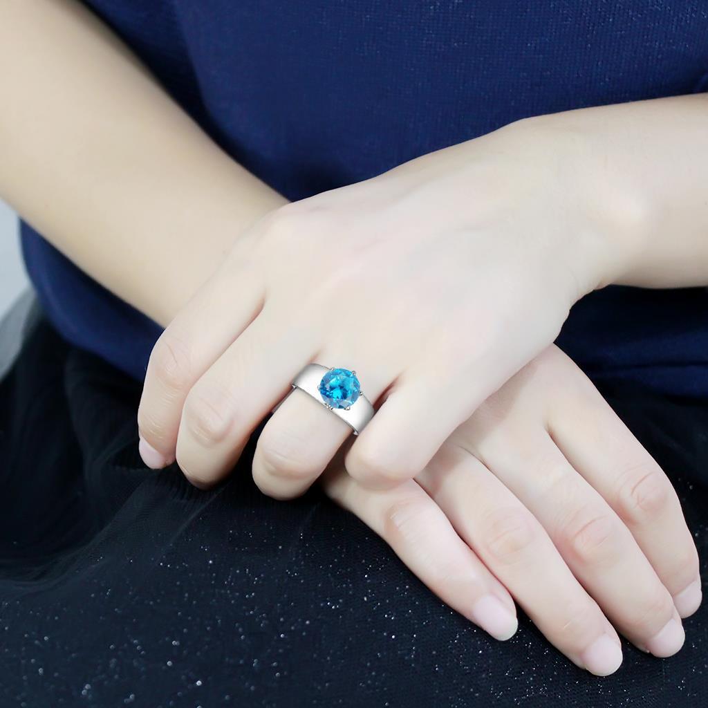 TK52003 - High polished (no plating) Stainless Steel Ring with Synthetic Synthetic Glass in Sea Blue-4