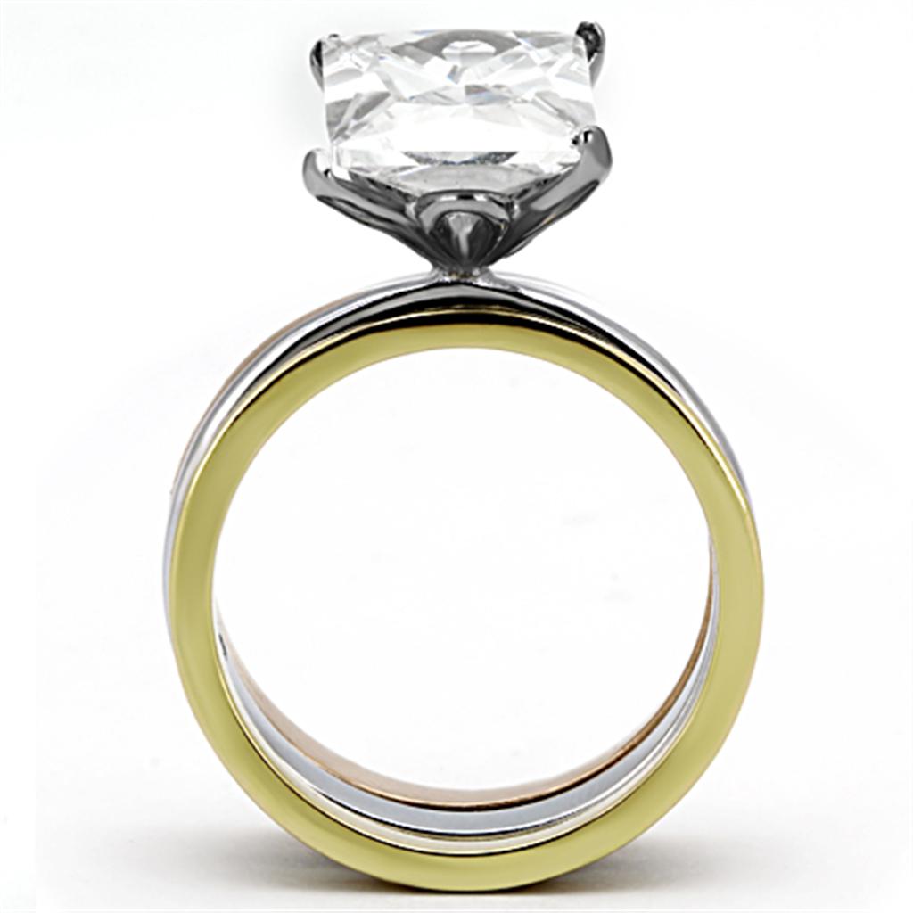 TK962 - Three Tone (IP Gold & IP Rose Gold & High Polished) Stainless Steel Ring with AAA Grade CZ  in Clear-2