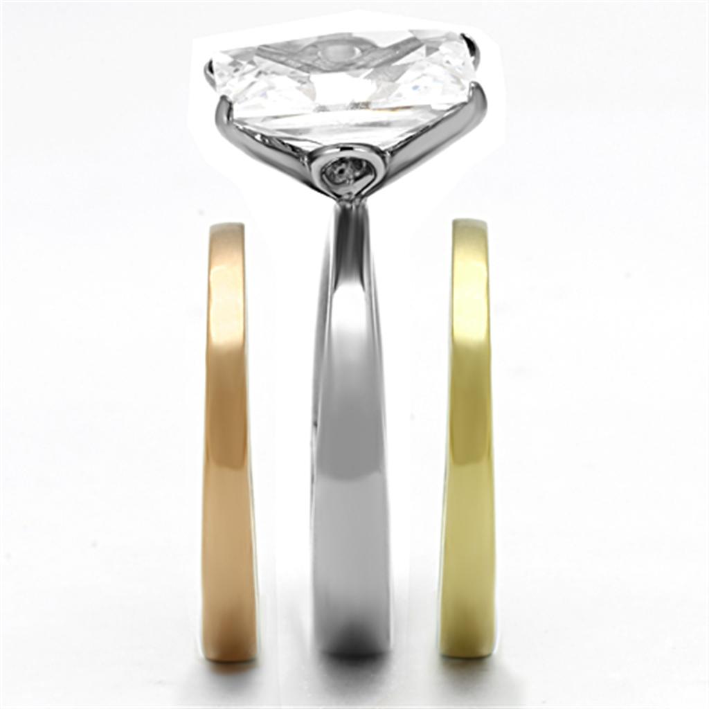 TK962 - Three Tone (IP Gold & IP Rose Gold & High Polished) Stainless Steel Ring with AAA Grade CZ  in Clear-3