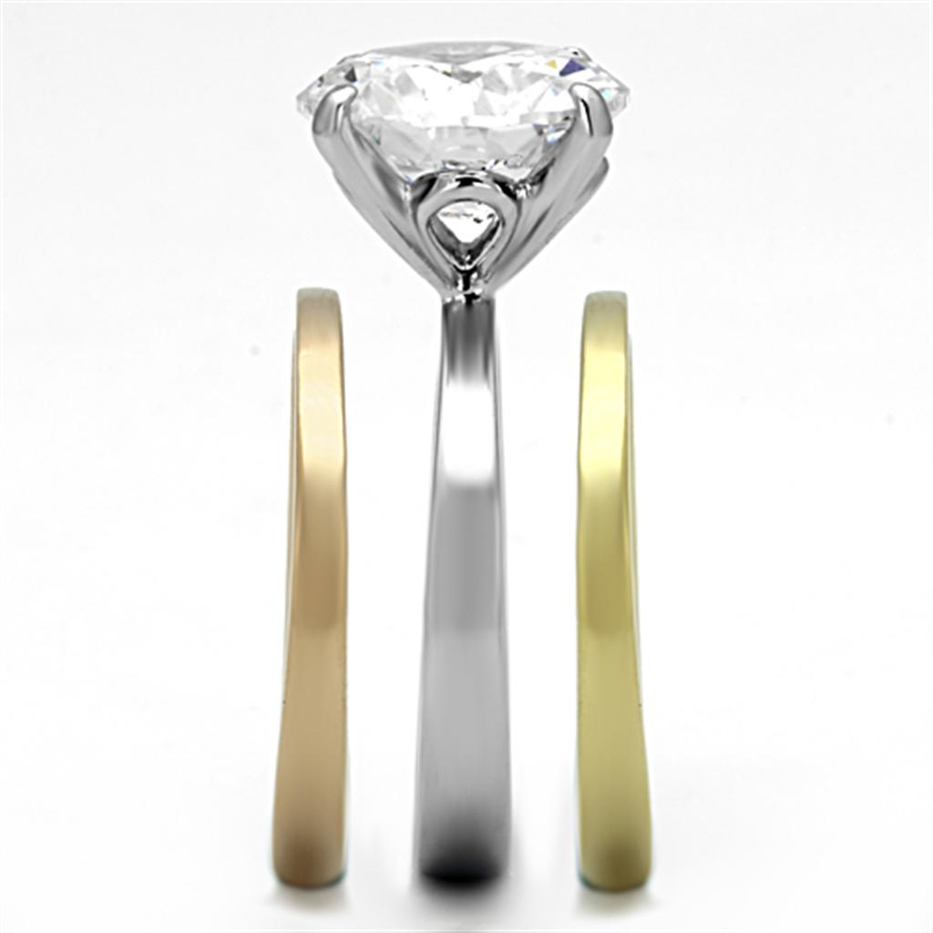 TK963 - Three Tone (IP Gold & IP Rose Gold & High Polished) Stainless Steel Ring with AAA Grade CZ  in Clear-3