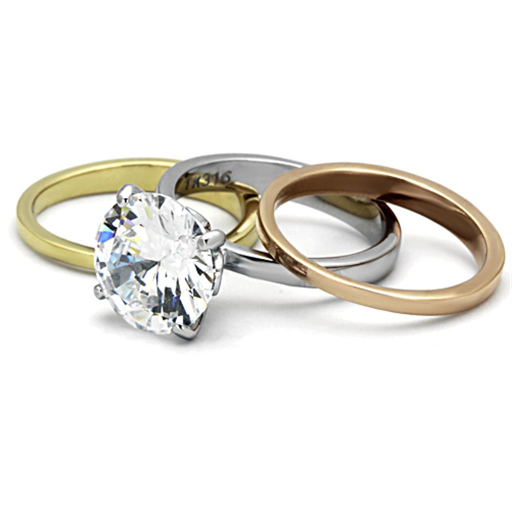 TK963 - Three Tone (IP Gold & IP Rose Gold & High Polished) Stainless Steel Ring with AAA Grade CZ  in Clear-4