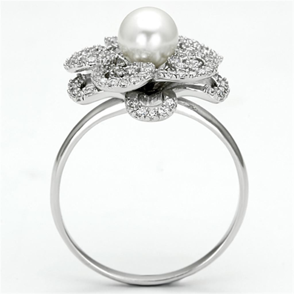 TS070 - Rhodium 925 Sterling Silver Ring with Synthetic Pearl in White-2