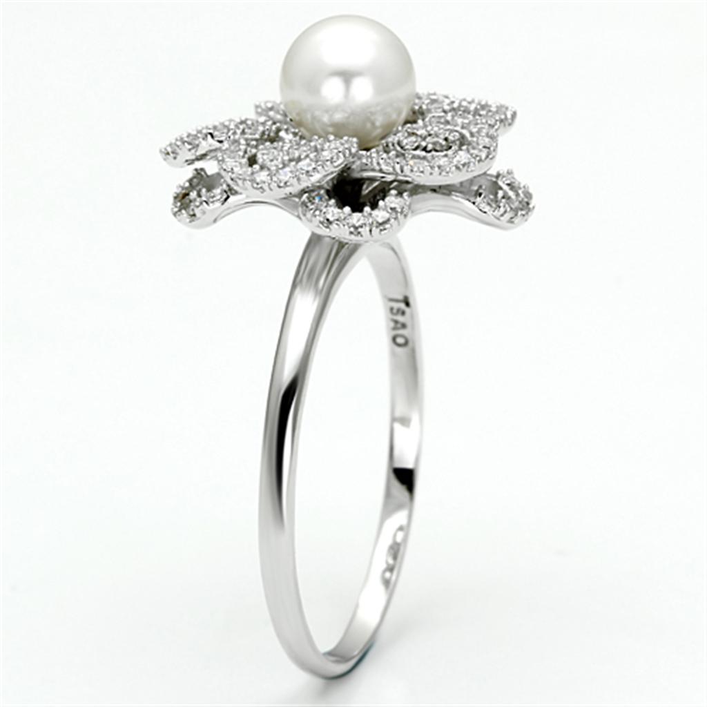 TS070 - Rhodium 925 Sterling Silver Ring with Synthetic Pearl in White-3