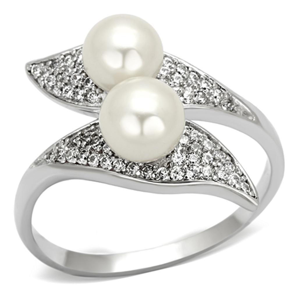 TS124 - Rhodium 925 Sterling Silver Ring with Synthetic Pearl in Citrine Yellow-4