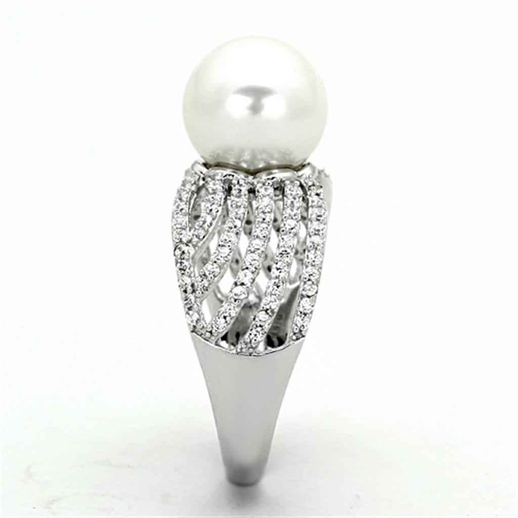 TS169 - Rhodium 925 Sterling Silver Ring with Synthetic Pearl in White-3