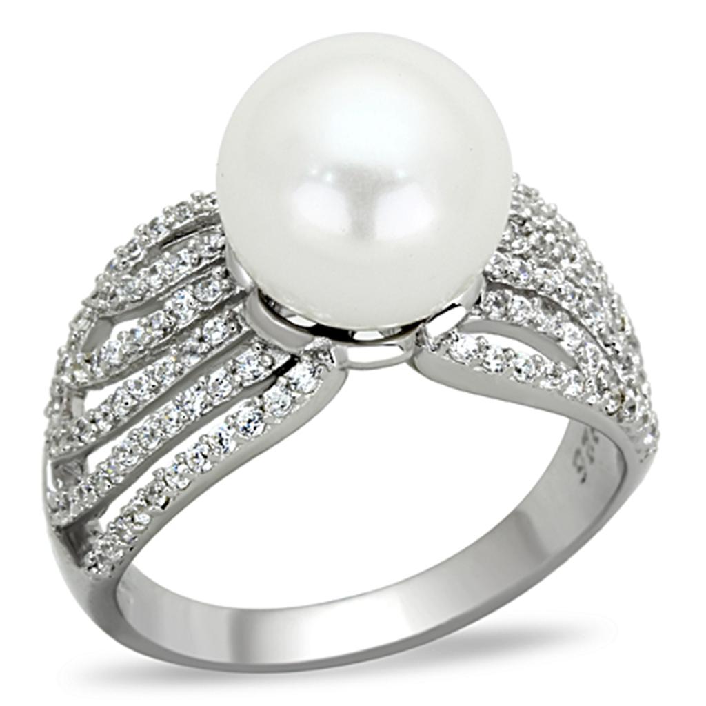 TS169 - Rhodium 925 Sterling Silver Ring with Synthetic Pearl in White-4
