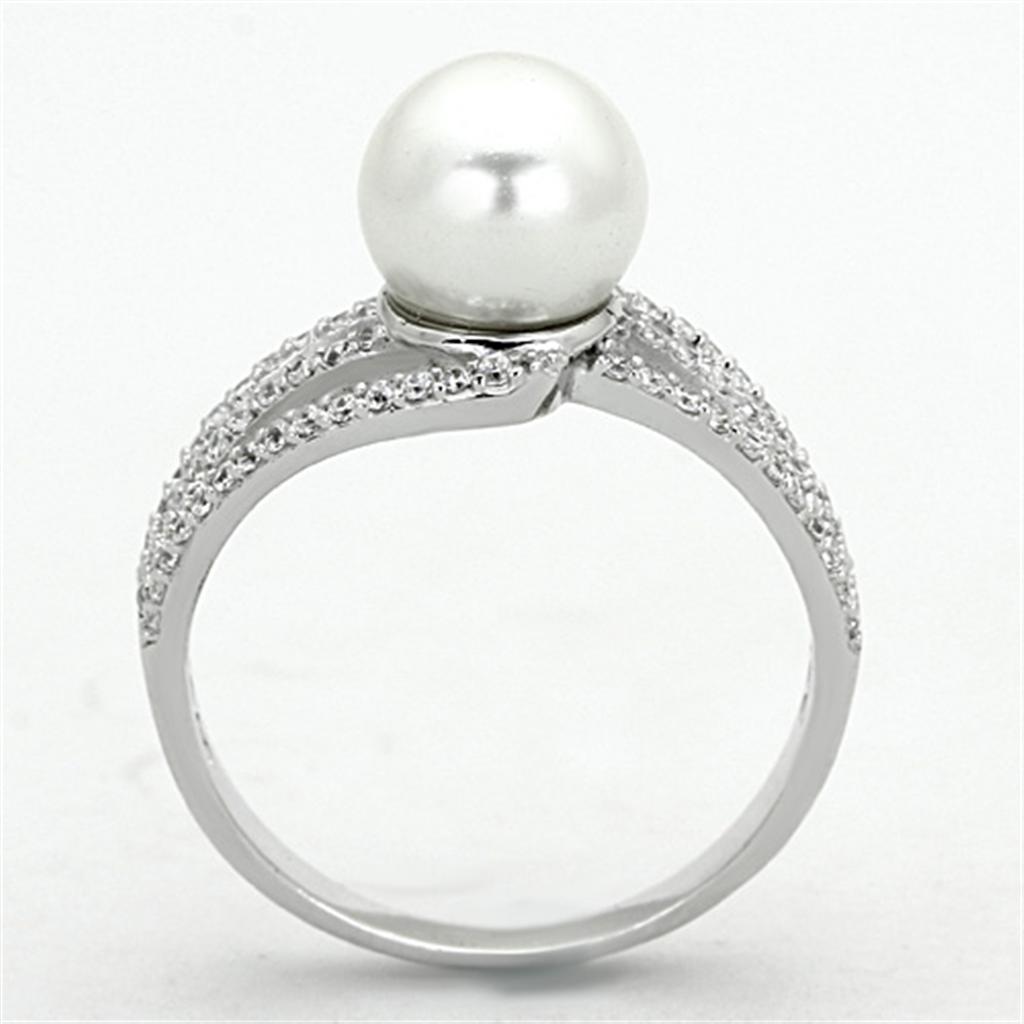 TS170 - Rhodium 925 Sterling Silver Ring with Synthetic Pearl in White-2