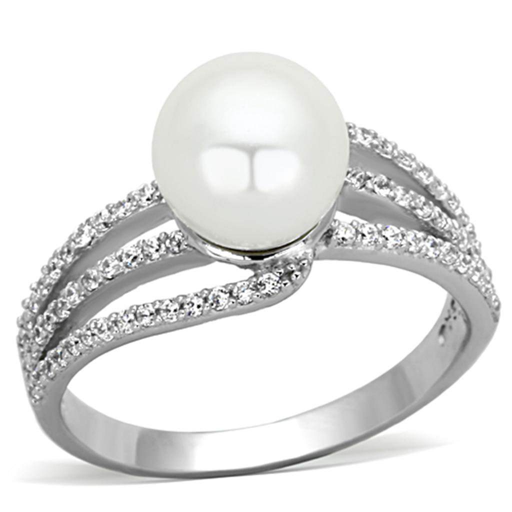 TS170 - Rhodium 925 Sterling Silver Ring with Synthetic Pearl in White-4