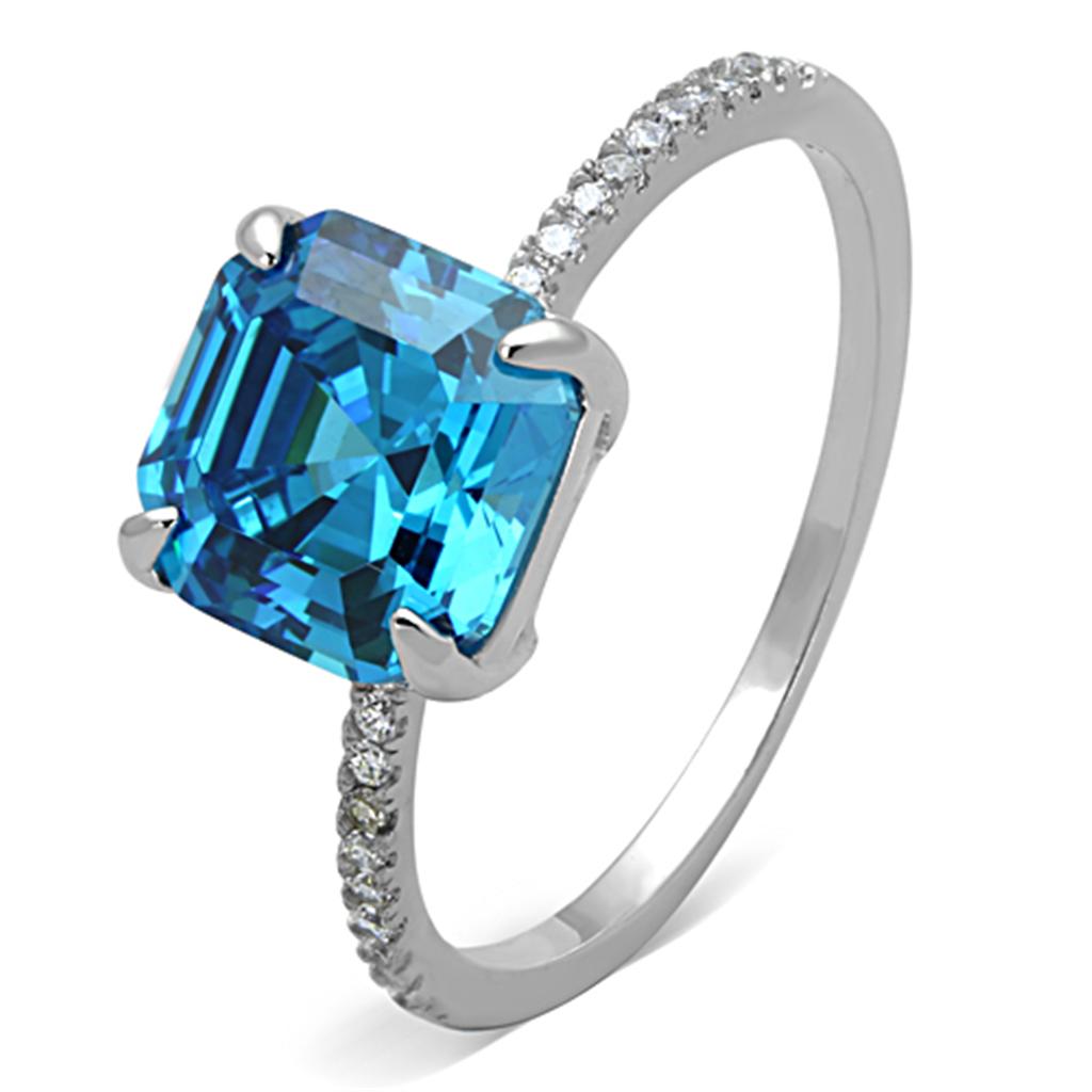 TS178 - Rhodium 925 Sterling Silver Ring with Cubic  in Sea Blue-4