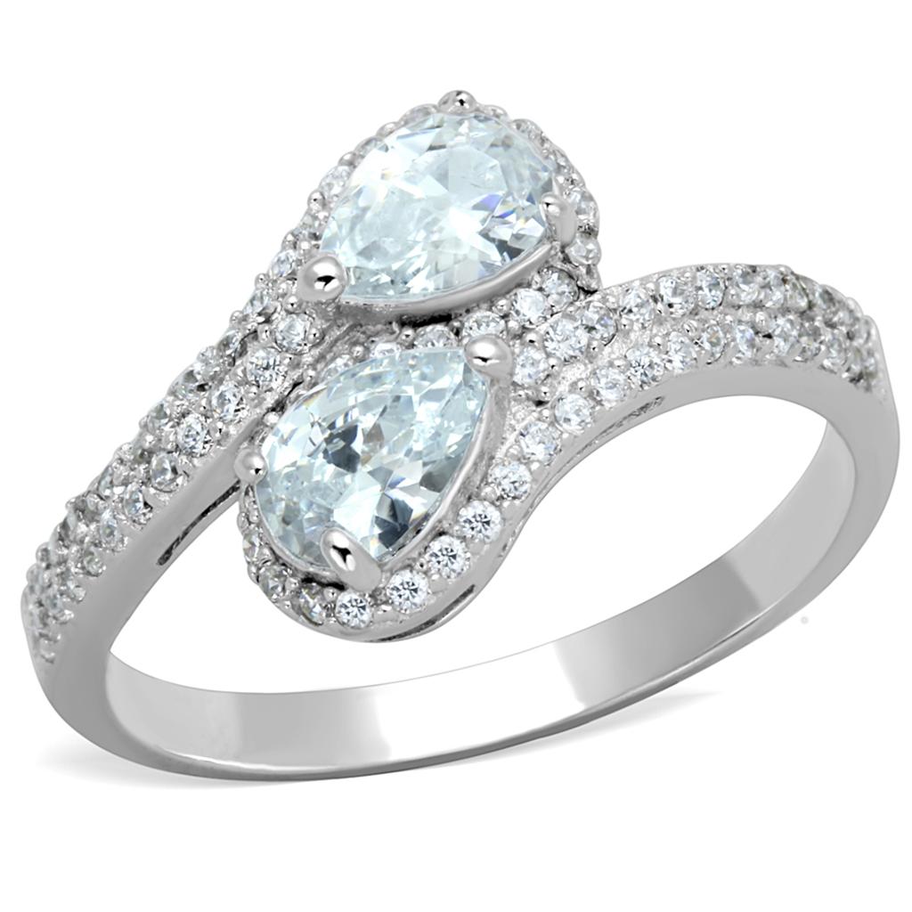TS186 - Rhodium 925 Sterling Silver Ring with AAA Grade CZ  in Clear-4