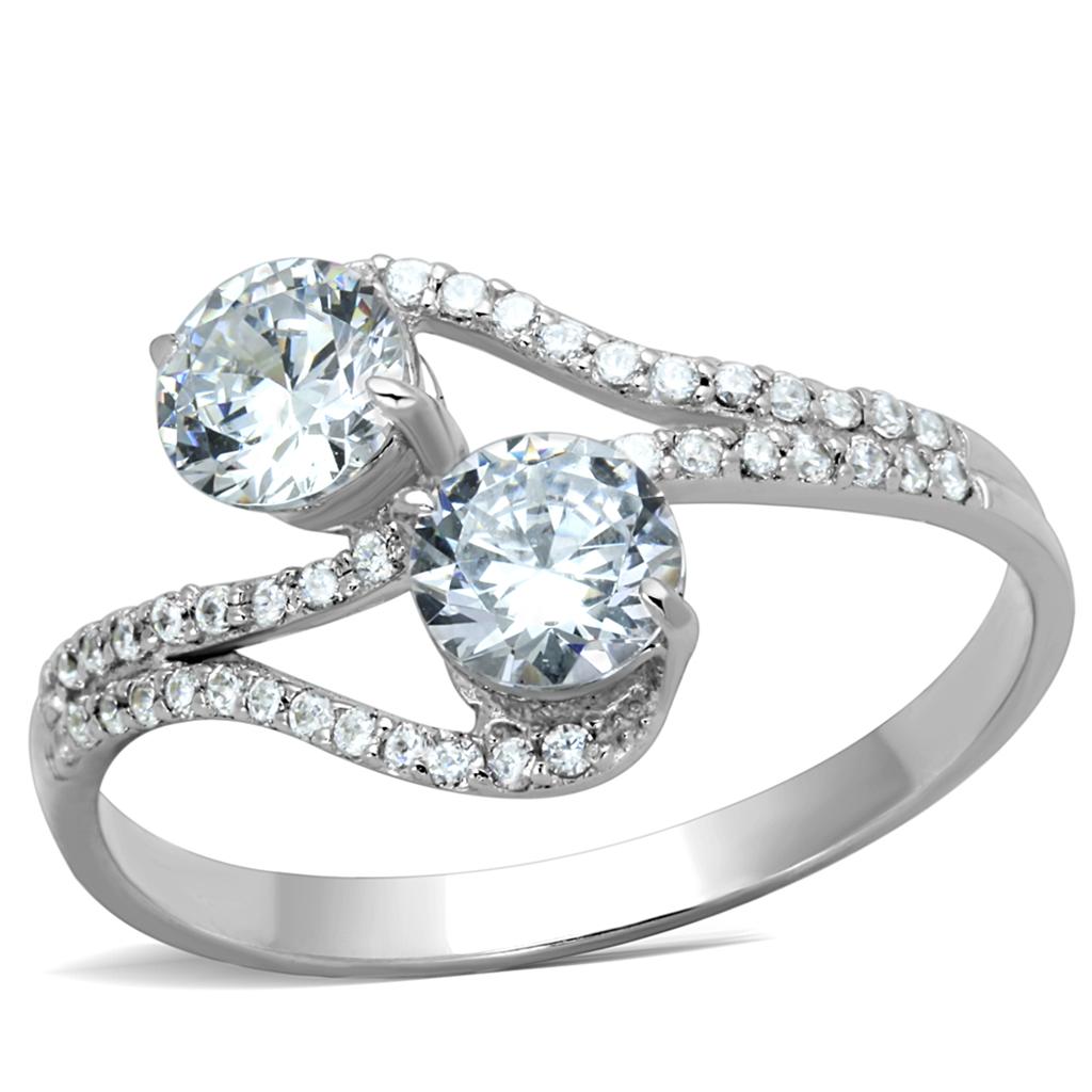 TS187 - Rhodium 925 Sterling Silver Ring with AAA Grade CZ  in Clear-4