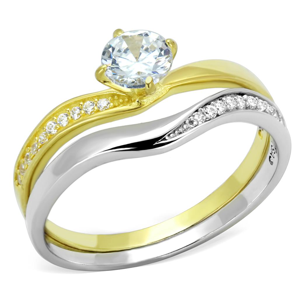 TS210 - Gold+Rhodium 925 Sterling Silver Ring with AAA Grade CZ  in Clear-4