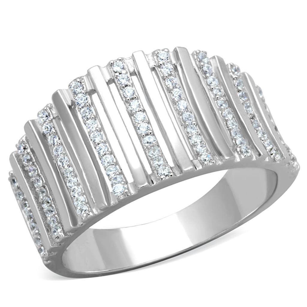 TS211 - Rhodium 925 Sterling Silver Ring with AAA Grade CZ  in Clear-4