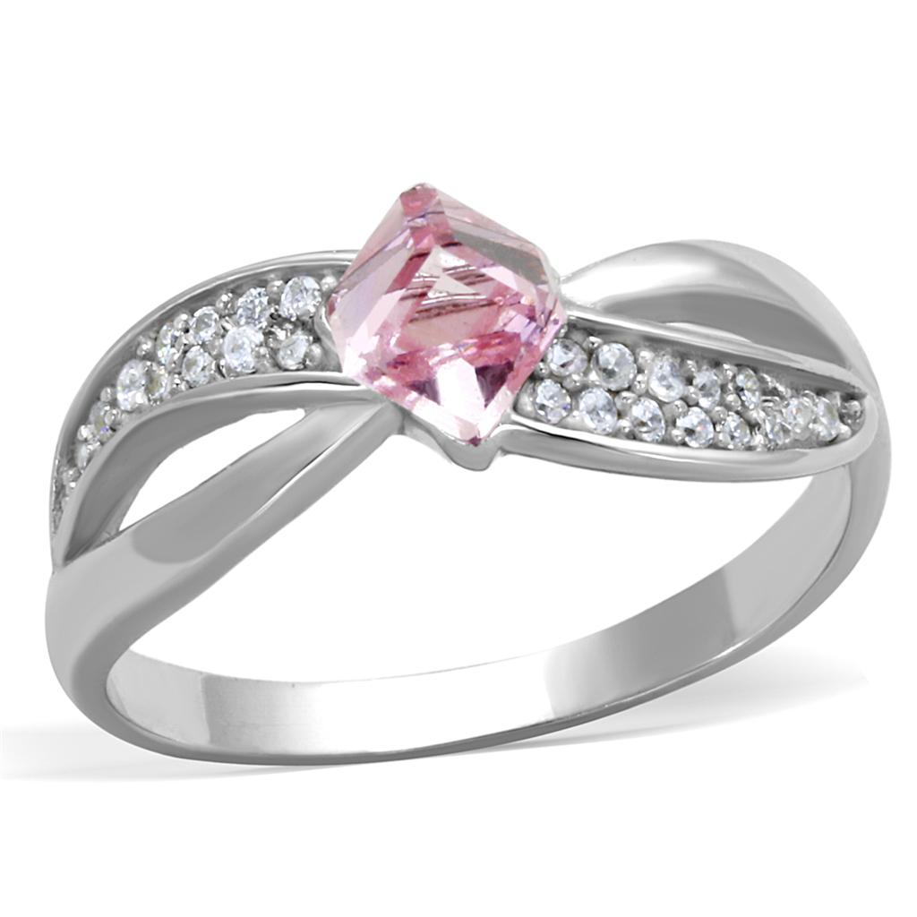 TS313 - Rhodium 925 Sterling Silver Ring with Top Grade Crystal  in Light Rose-4