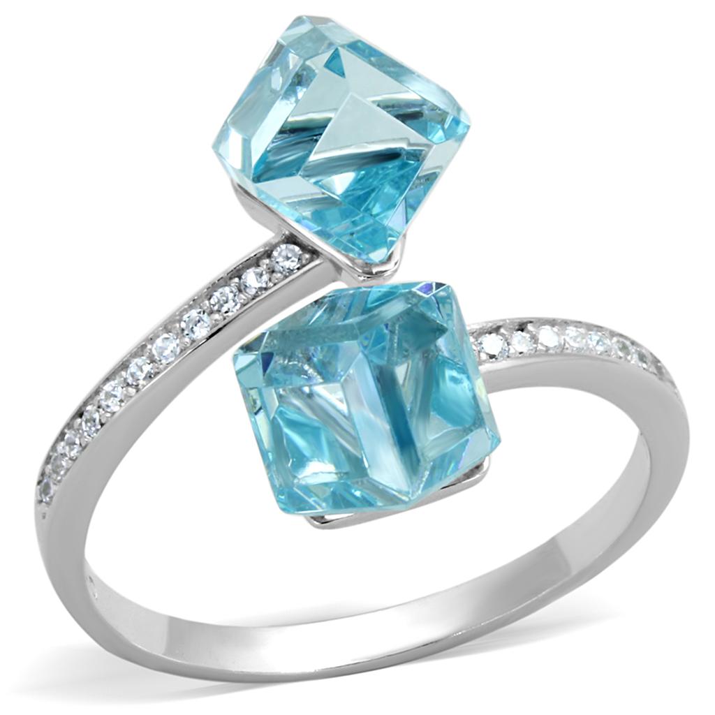 TS317 - Rhodium 925 Sterling Silver Ring with AAA Grade CZ  in Sea Blue-4