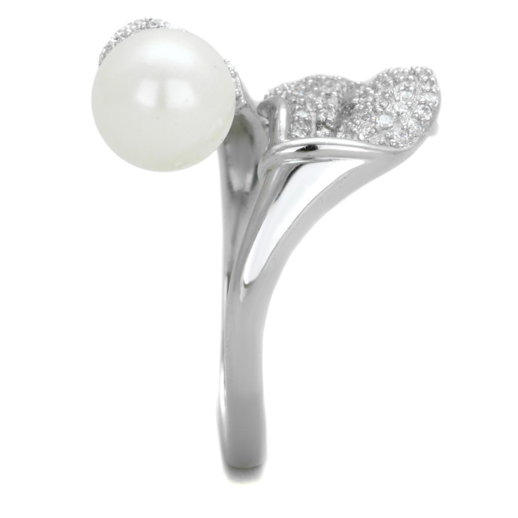 TS329 - Rhodium 925 Sterling Silver Ring with Synthetic Pearl in White-3