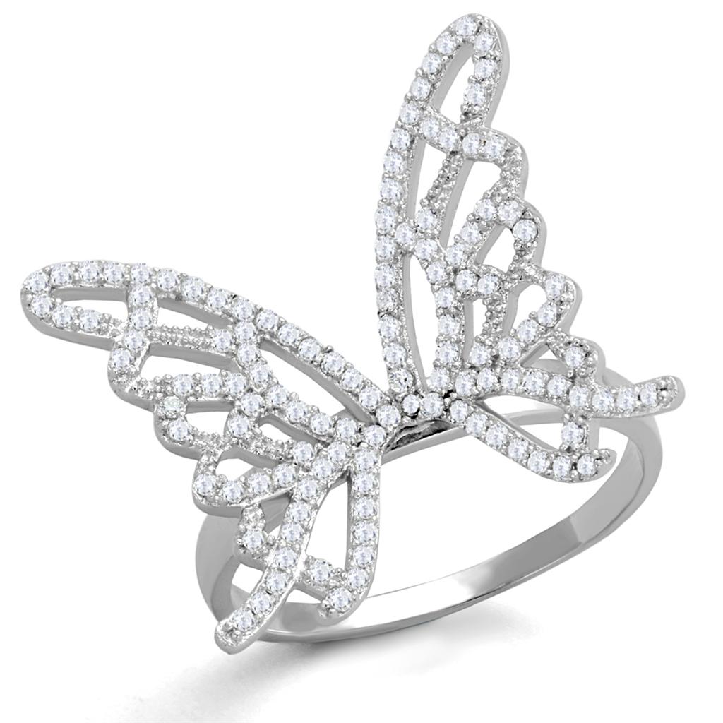 TS330 - Rhodium 925 Sterling Silver Ring with AAA Grade CZ  in Clear-4