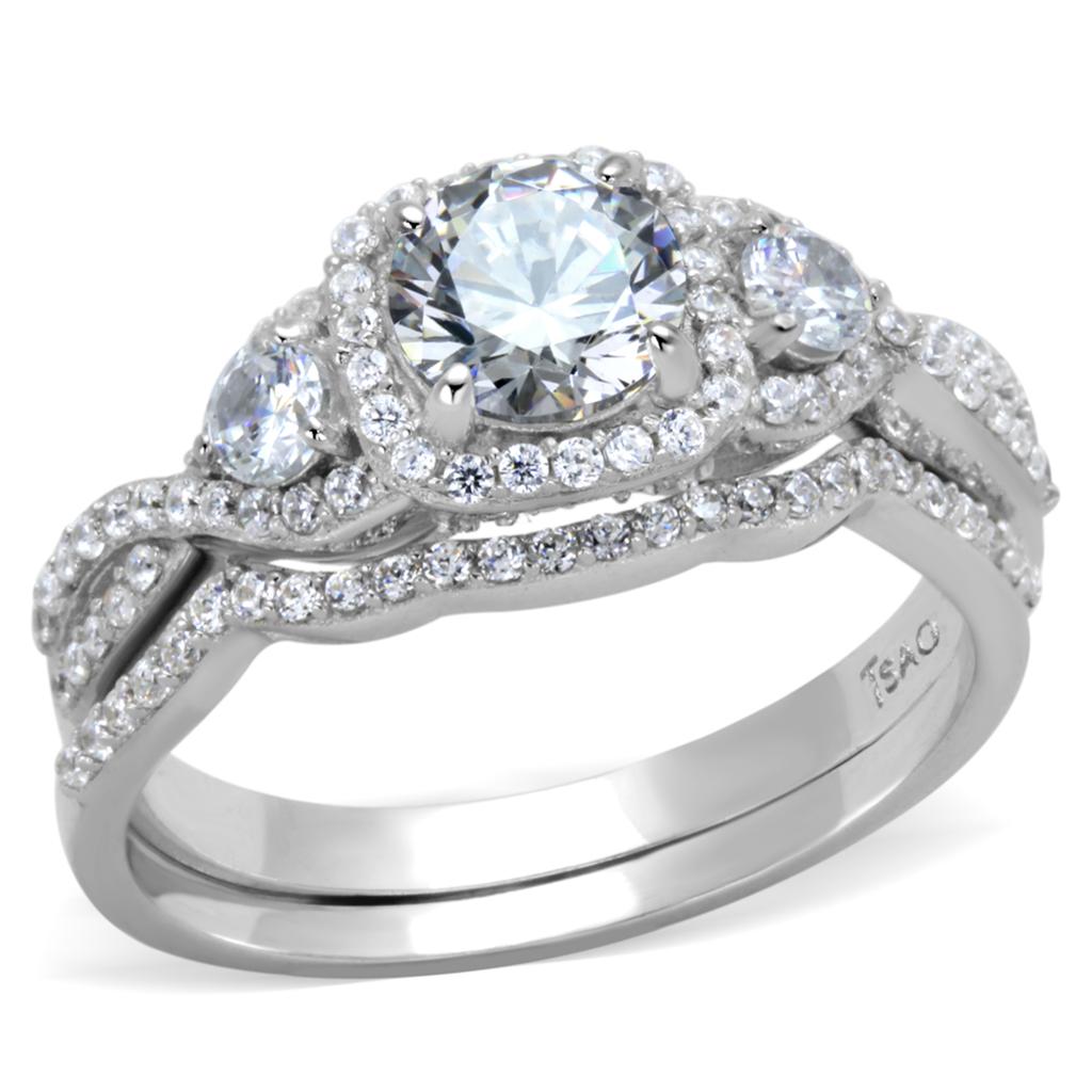 TS352 - Rhodium 925 Sterling Silver Ring with AAA Grade CZ  in Clear-4