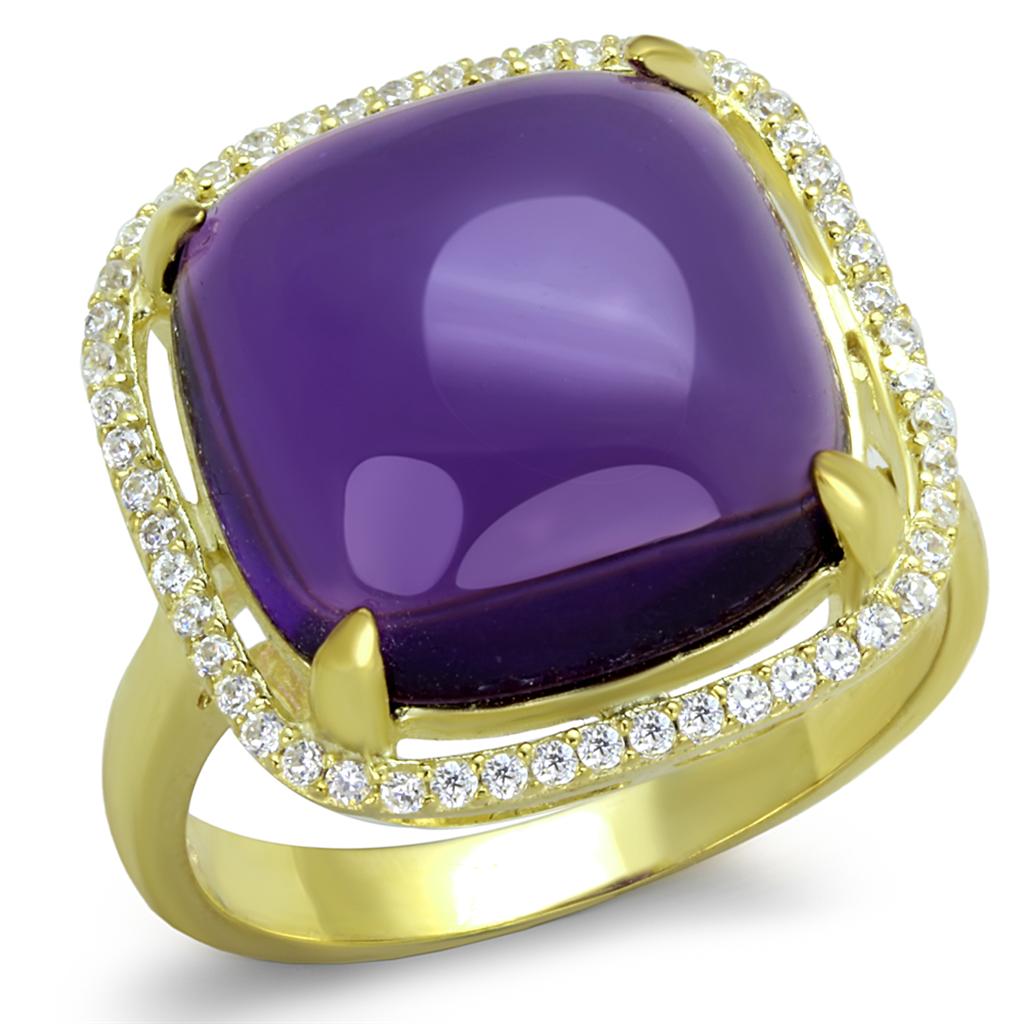 TS392 - Gold 925 Sterling Silver Ring with Synthetic Synthetic Glass in Amethyst-4