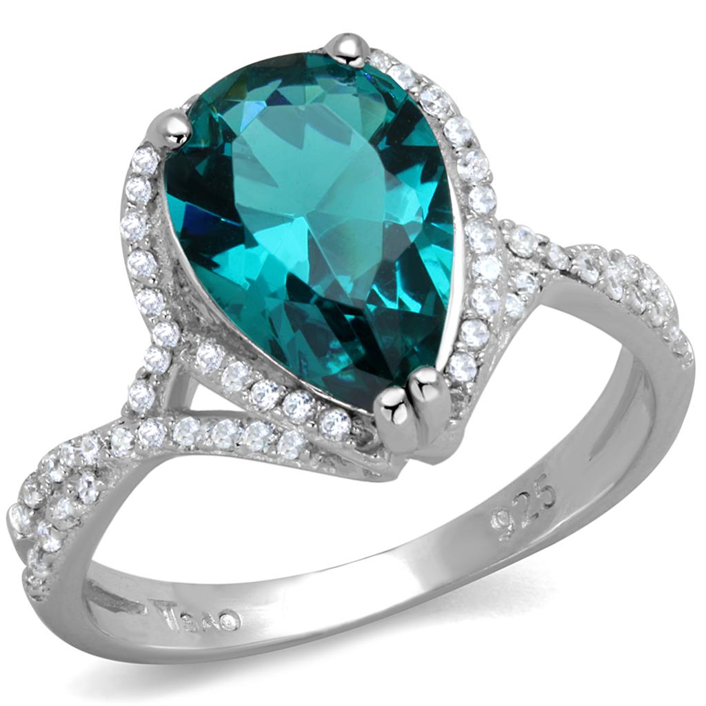 TS394 - Rhodium 925 Sterling Silver Ring with Synthetic Synthetic Glass in Blue Zircon-4