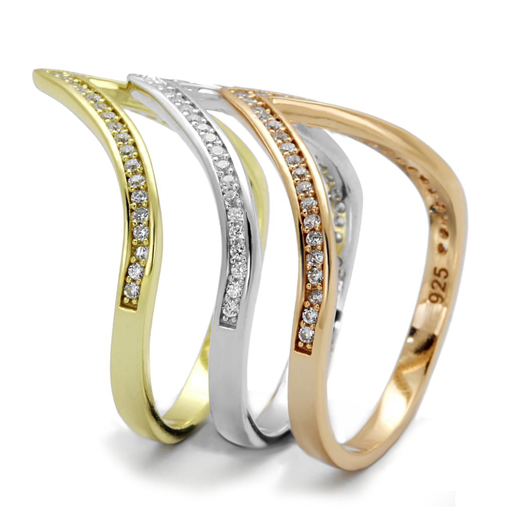 TS416 - Rhodium + Gold + Rose Gold 925 Sterling Silver Ring with AAA Grade CZ  in Clear-3