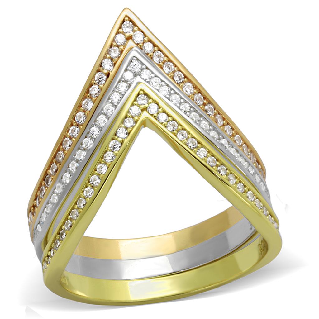 TS416 - Rhodium + Gold + Rose Gold 925 Sterling Silver Ring with AAA Grade CZ  in Clear-4