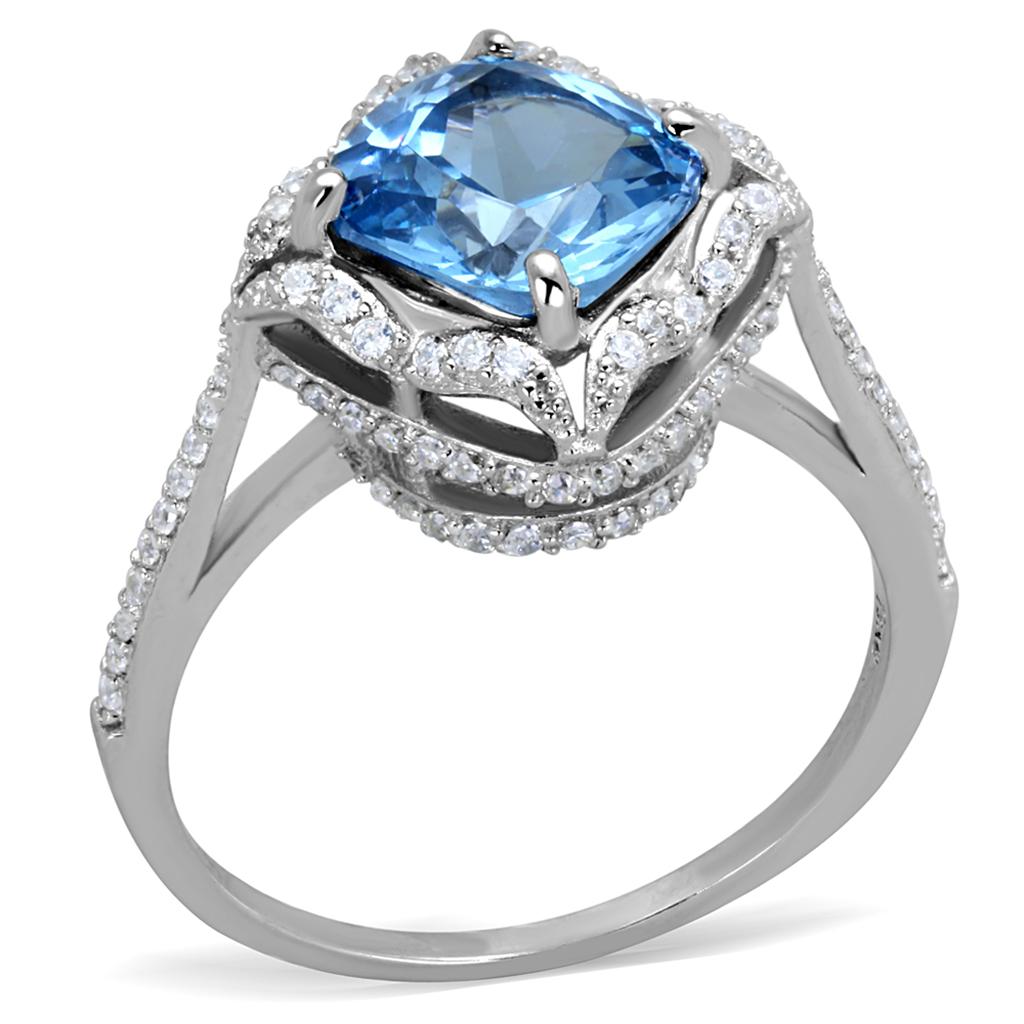 TS419 - Rhodium 925 Sterling Silver Ring with Synthetic Spinel in Sea Blue-4