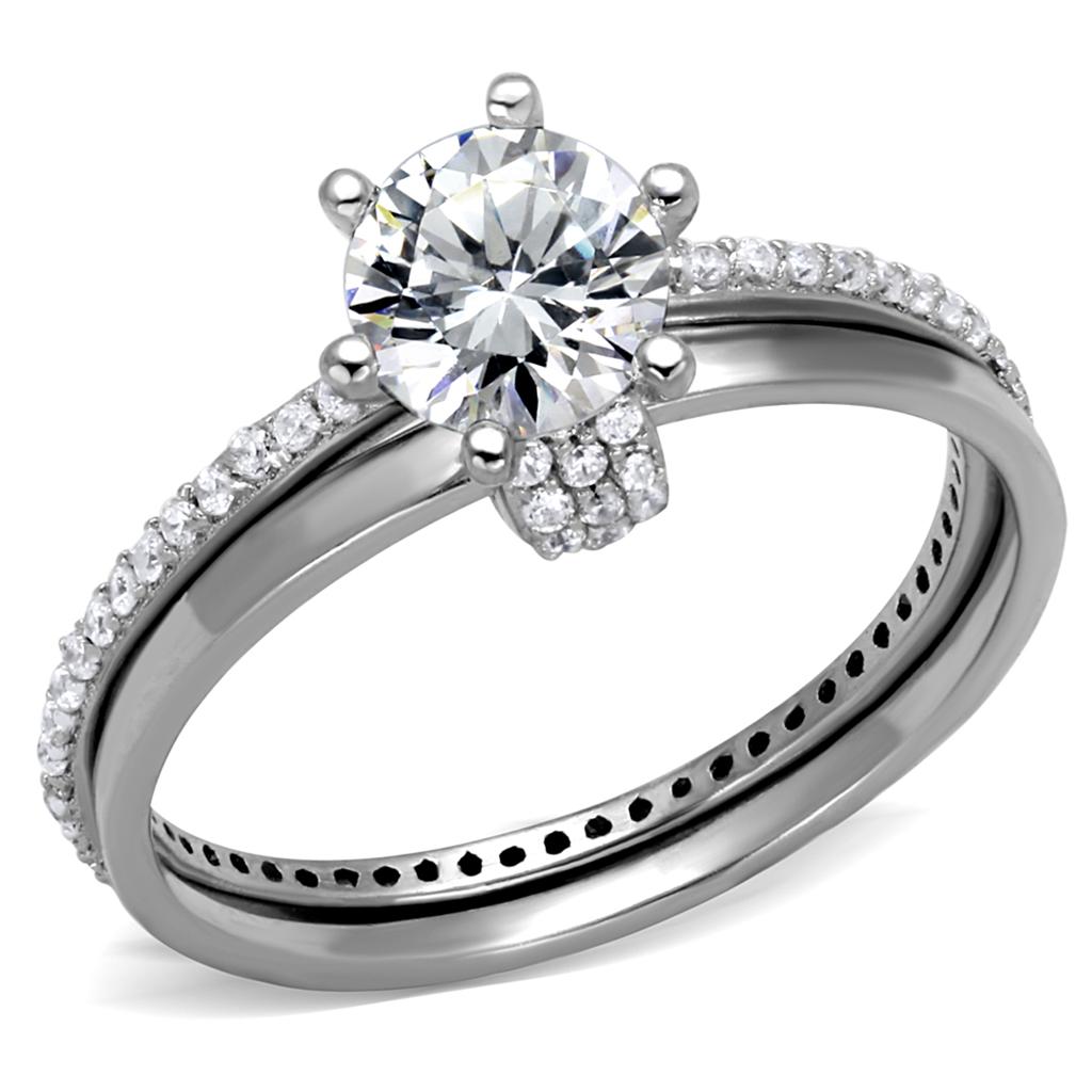 TS464 - Rhodium 925 Sterling Silver Ring with AAA Grade CZ  in Clear-4