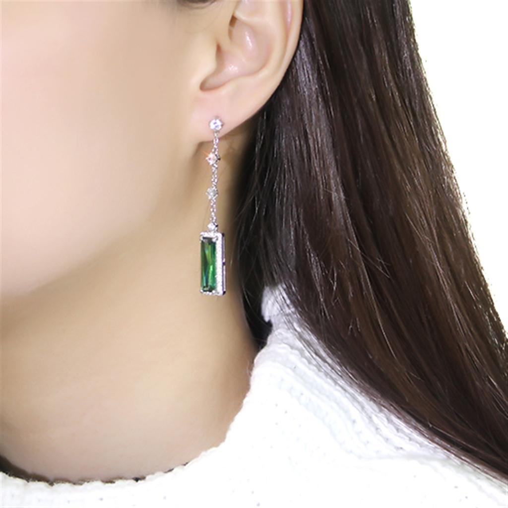 TS478 - Rhodium 925 Sterling Silver Earrings with AAA Grade CZ  in Emerald-3