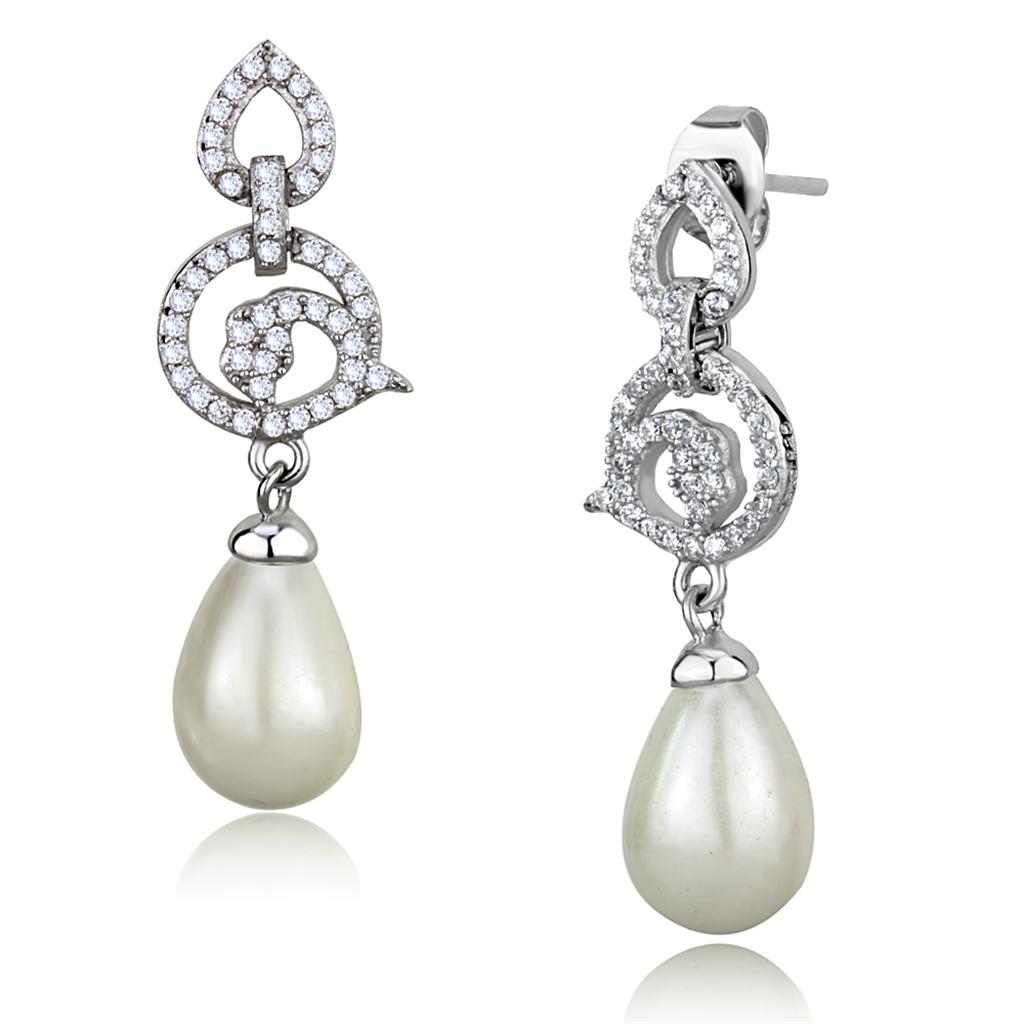 TS480 - Rhodium 925 Sterling Silver Earrings with Synthetic Pearl in Citrine Yellow-2