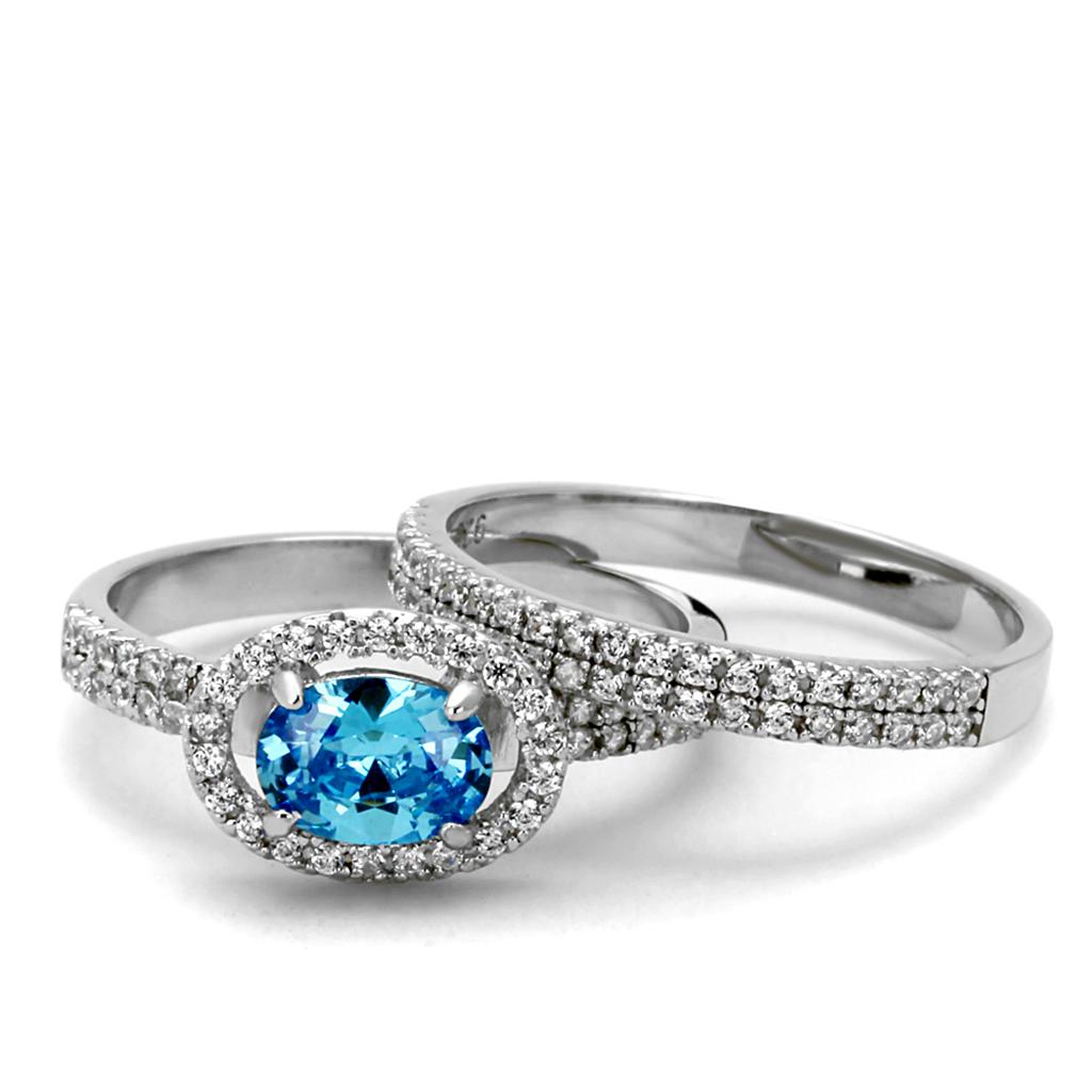 TS490 - Rhodium 925 Sterling Silver Ring with AAA Grade CZ  in Sea Blue-4