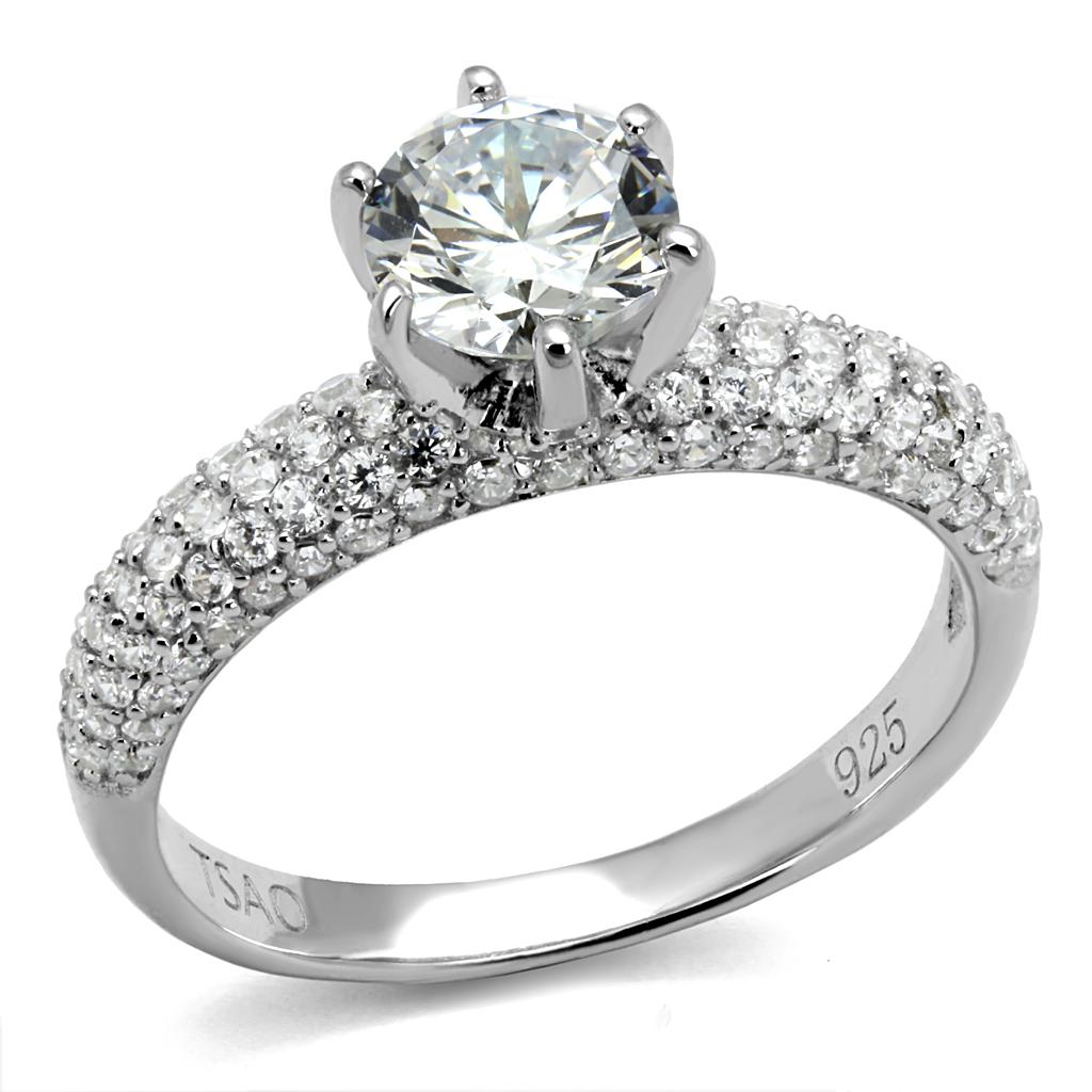 TS521 - Rhodium 925 Sterling Silver Ring with AAA Grade CZ  in Clear-4