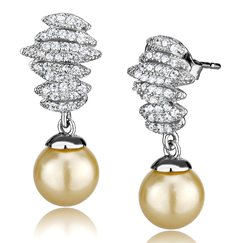 TS531 - Rhodium 925 Sterling Silver Earrings with Synthetic Pearl in Topaz-2