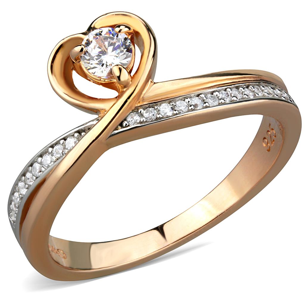 TS544 - Rose Gold + Rhodium 925 Sterling Silver Ring with AAA Grade CZ  in Clear-4