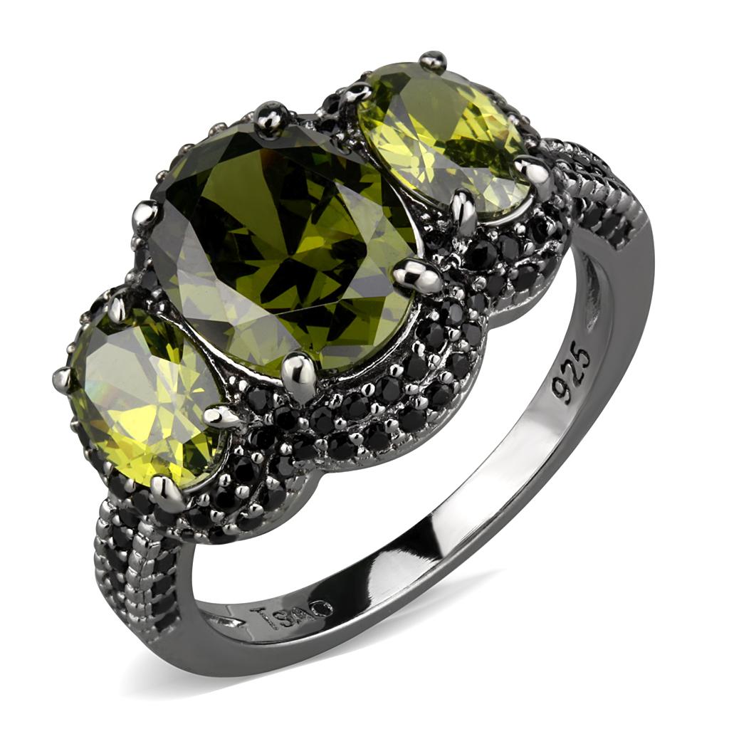 TS547 - Ruthenium 925 Sterling Silver Ring with AAA Grade CZ  in Olivine color-4