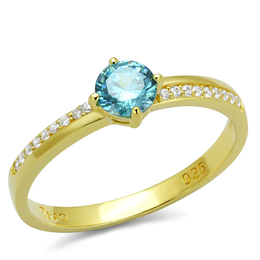 TS561 - Gold 925 Sterling Silver Ring with AAA Grade CZ  in Sea Blue-4