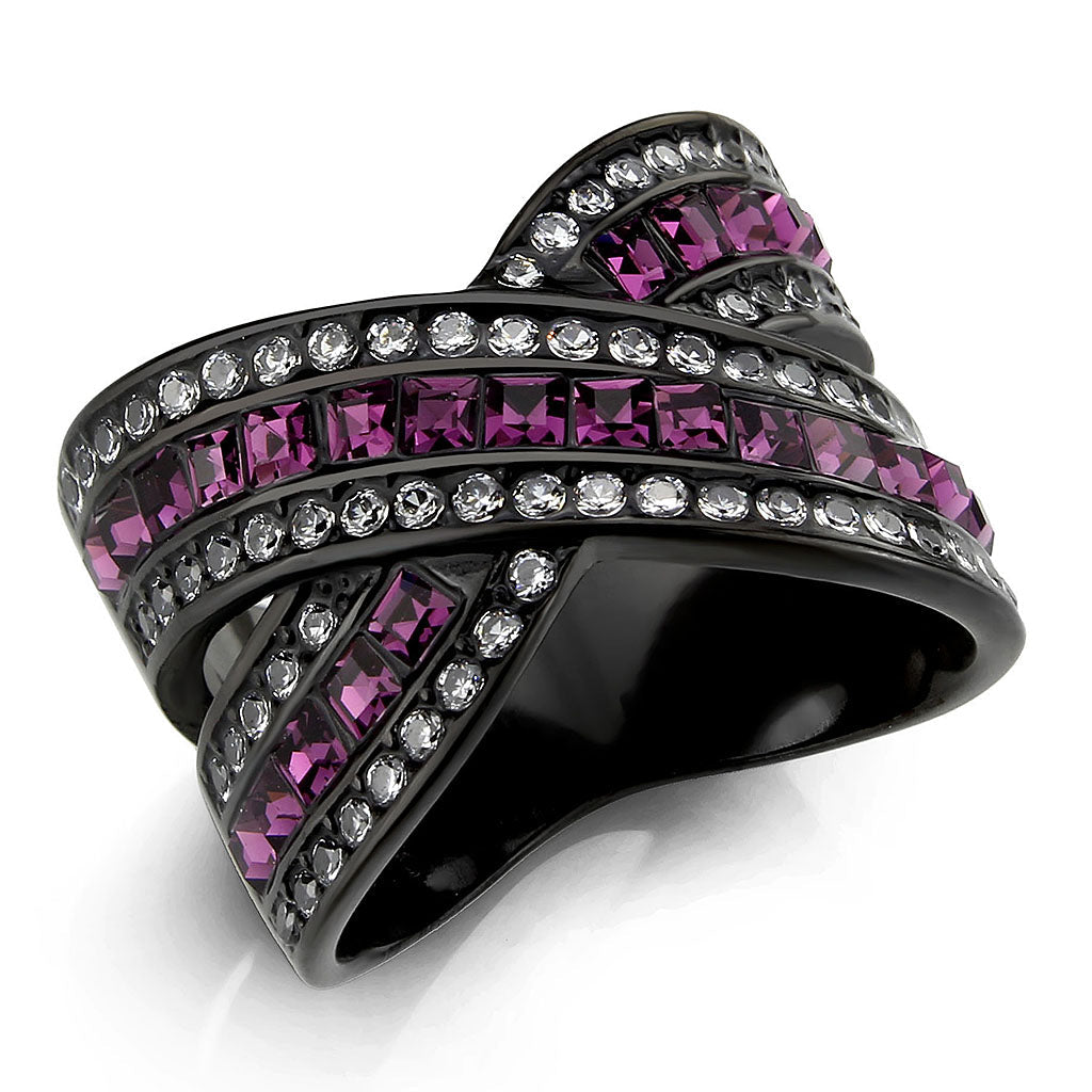 TK3791 - IP Black (Ion Plating) Stainless Steel Ring with Top Grade Crystal in Amethyst-0