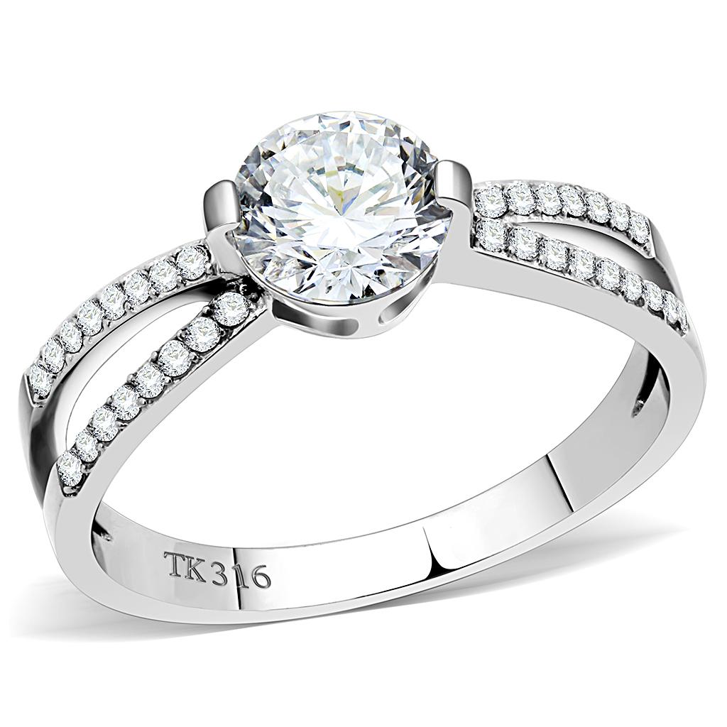 DA002 - High polished (no plating) Stainless Steel Ring with AAA Grade CZ  in Clear-0