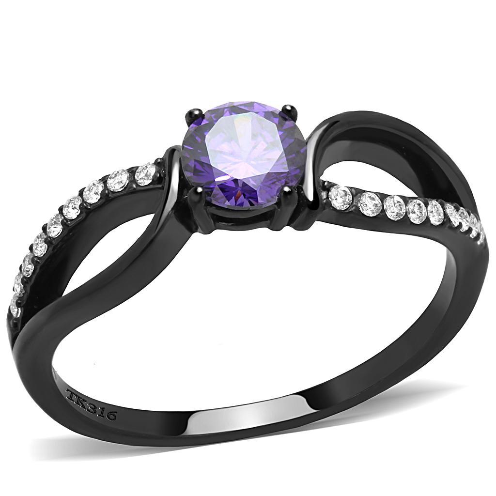 DA003 - IP Black(Ion Plating) Stainless Steel Ring with AAA Grade CZ  in Amethyst-0