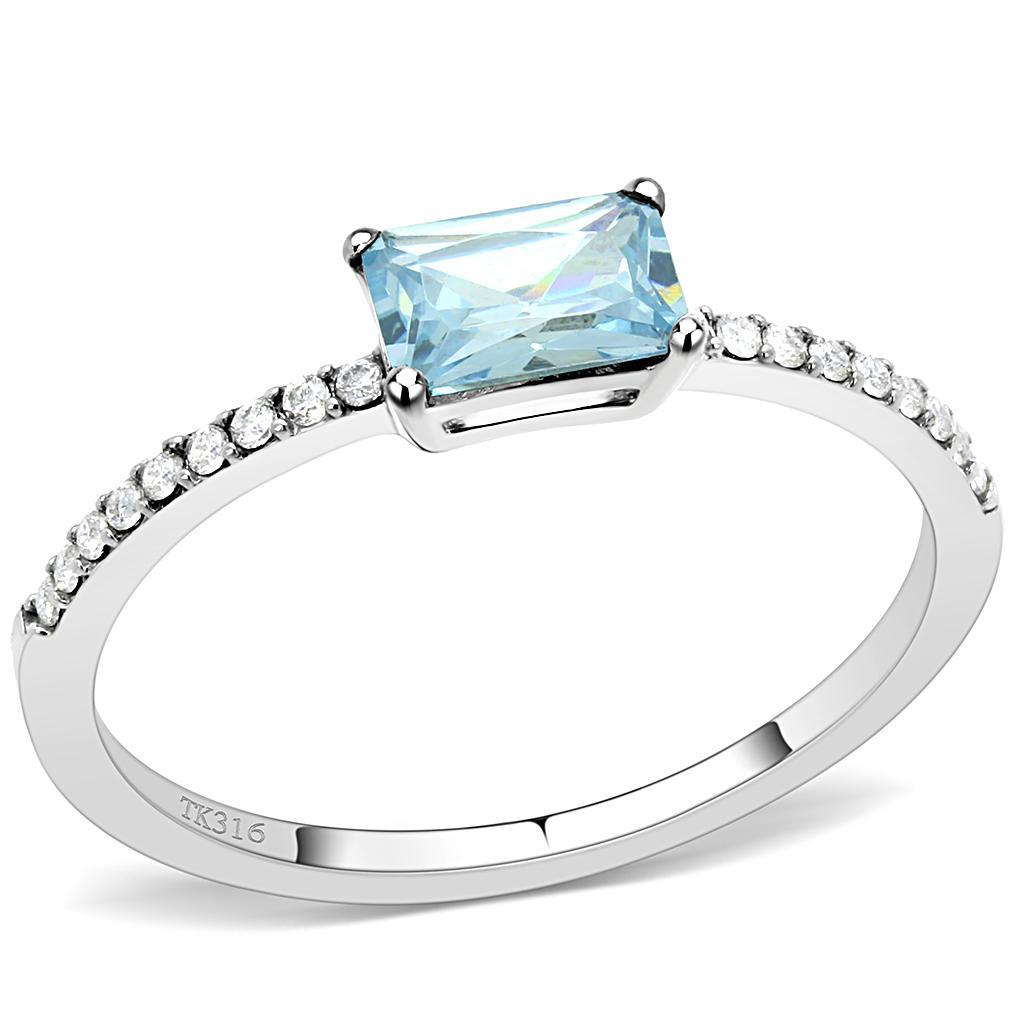 DA011 - High polished (no plating) Stainless Steel Ring with AAA Grade CZ  in Sea Blue-0