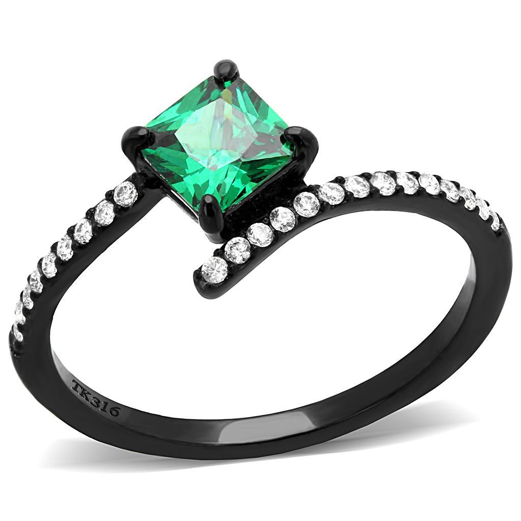 DA017 - IP Black(Ion Plating) Stainless Steel Ring with AAA Grade CZ  in Emerald-0