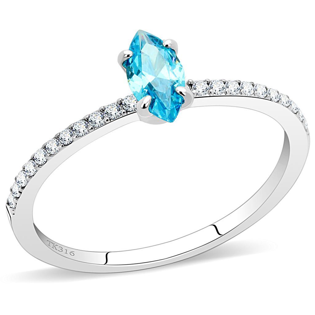 DA034 - High polished (no plating) Stainless Steel Ring with AAA Grade CZ  in Sea Blue-0