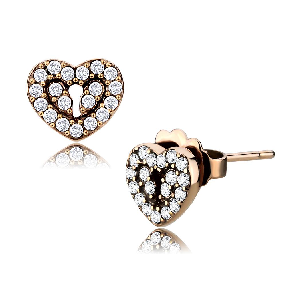 DA085 - IP Rose Gold(Ion Plating) Stainless Steel Earrings with AAA Grade CZ  in Clear-0