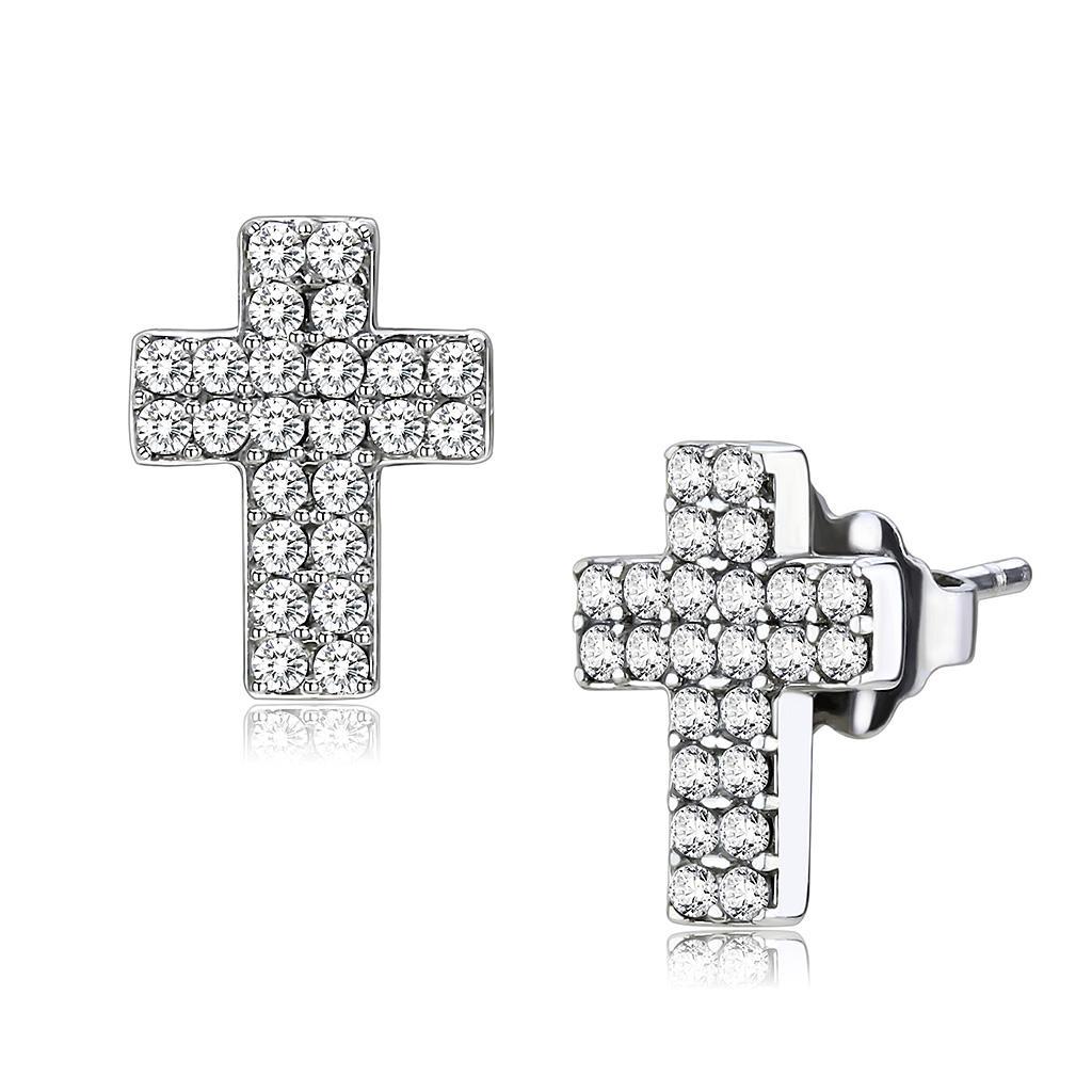 DA098 - High polished (no plating) Stainless Steel Earrings with AAA Grade CZ  in Clear-0