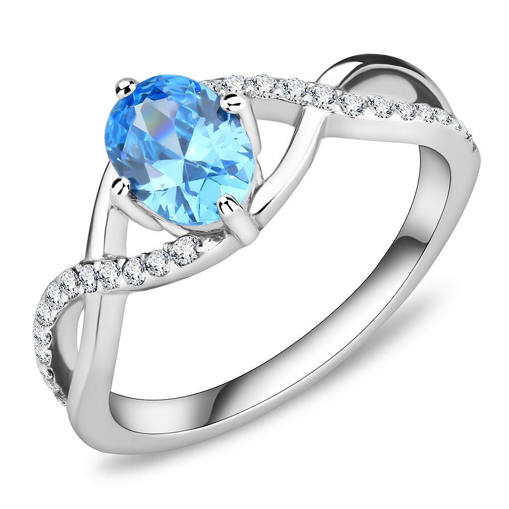 DA117 - High polished (no plating) Stainless Steel Ring with AAA Grade CZ  in Sea Blue-0